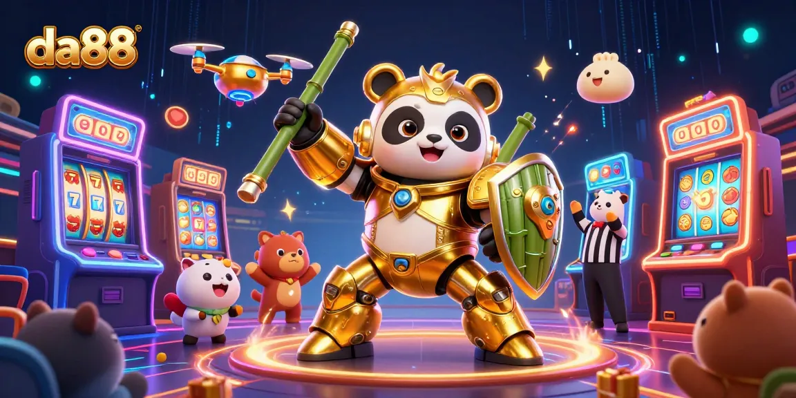 Engage with da88 through vibrant casino action featuring slot machines and a mech-suit panda character.