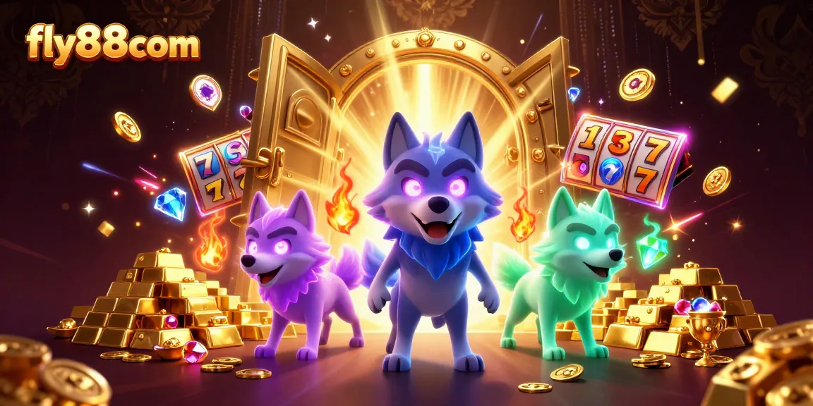 Experience the thrill of casino gaming with fly88com's captivating 3D illustration, showcasing winning treasures and lively casino elements.