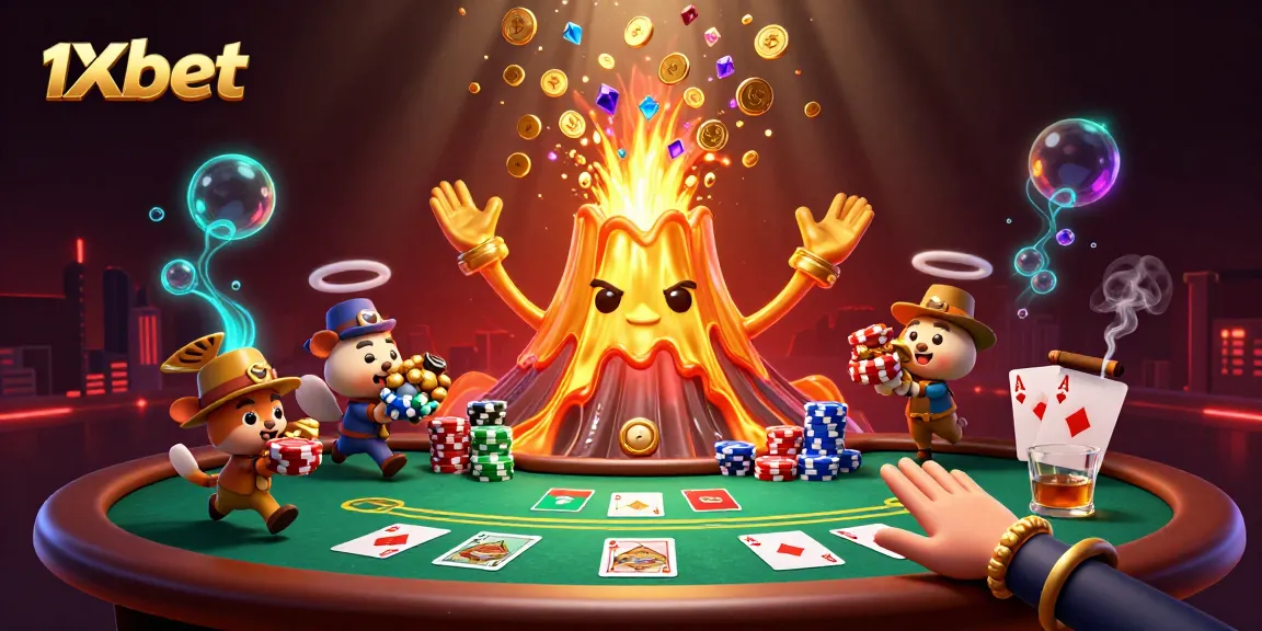 Win prizes with 1xbet's vibrant casino scene featuring a golden volcano and exciting poker elements.