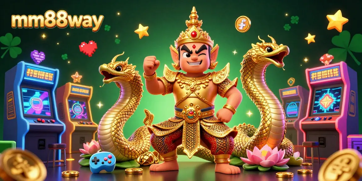 Engage in thrilling MM88way lottery action with vibrant slots, arcade elements, and colorful characters.
