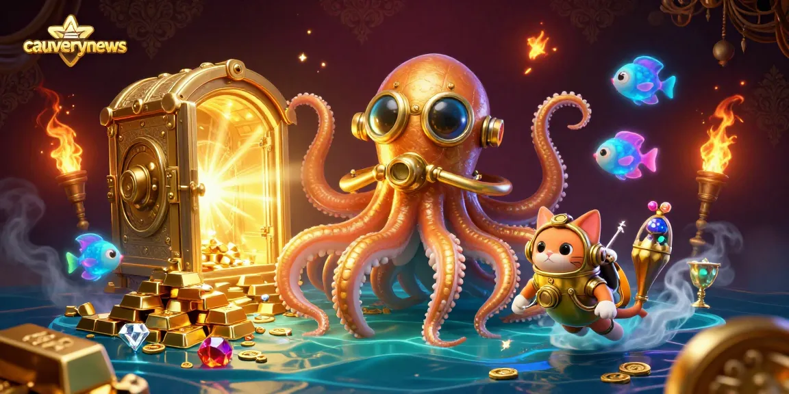 Cauverynews showcases an enchanting 3D scene filled with a kraken, diving cat, and treasure, illustrating online gaming excitement.