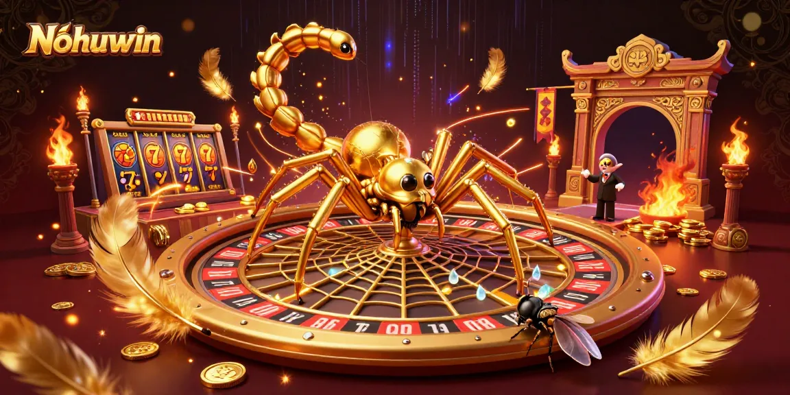 Nohuwin showcases an entertaining scene with a golden spider and a centipede croupier amidst vibrant casino elements.