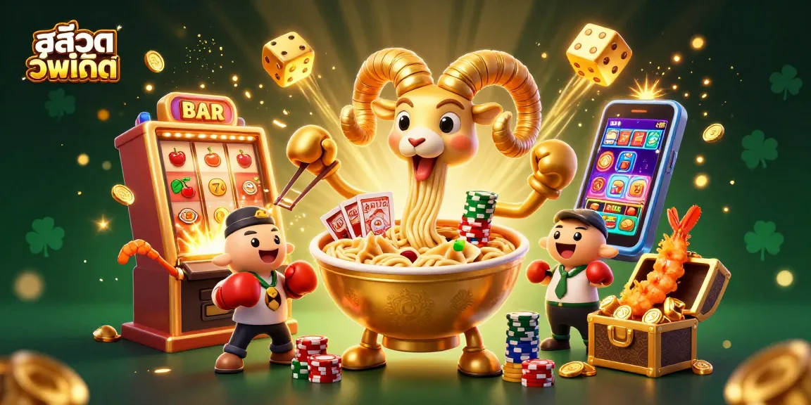 Engage with สล็อตอัพเดท through a vibrant 3D illustration depicting a dynamic casino scene filled with slot machines and fun characters.