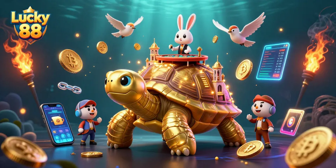 Experience the excitement of Lucky 88 with a vibrant casino scene featuring a golden tortoise and rabbit dealer.