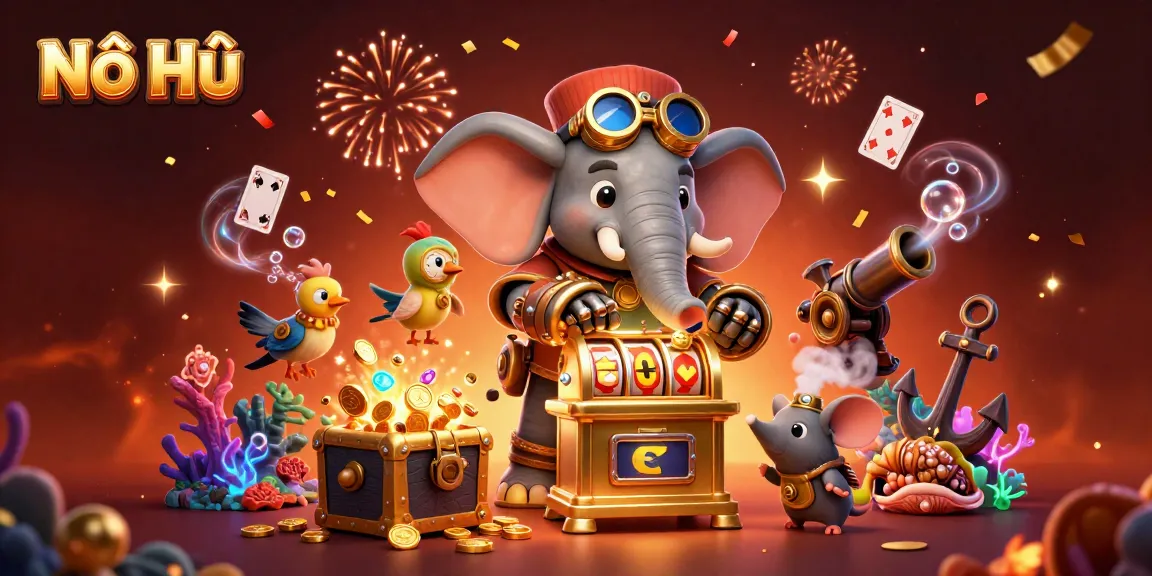 Nổ Hũ game action featuring a dynamic steampunk elephant engineer operating a colorful slot machine with treasures.