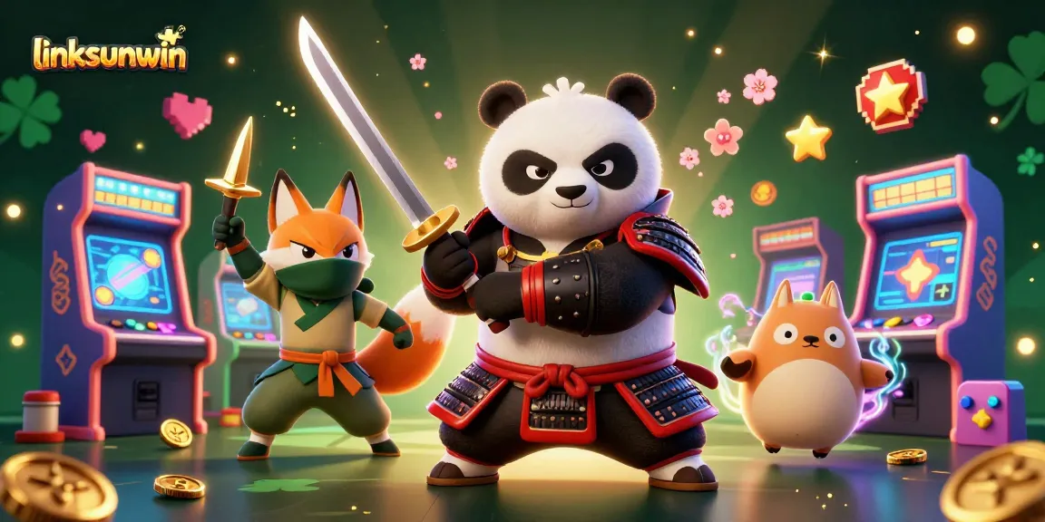 Engage with linksunwin in this vibrant 3D casino scene featuring a samurai panda, ninja fox, and magical tanuki.