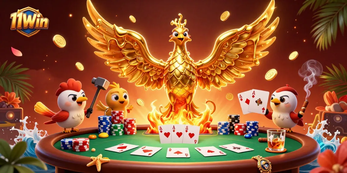 Experience the excitement of 11Win, featuring cards and vibrant poker elements in a captivating casino scene.