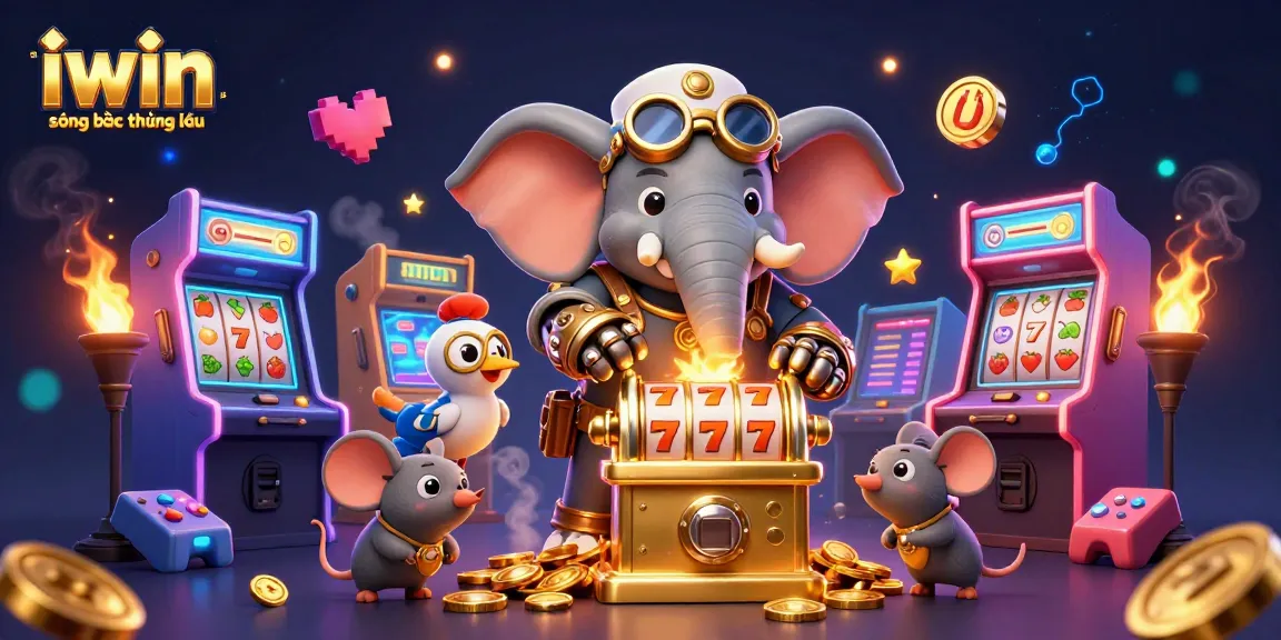 Experience iwin sòng bạc thượng lưu's vibrant gaming world with a steampunk-themed 3D illustration.