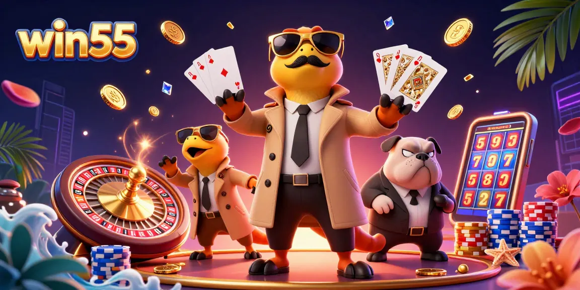 Experience the thrill of win55 with animated raptors navigating a luxurious casino setting.