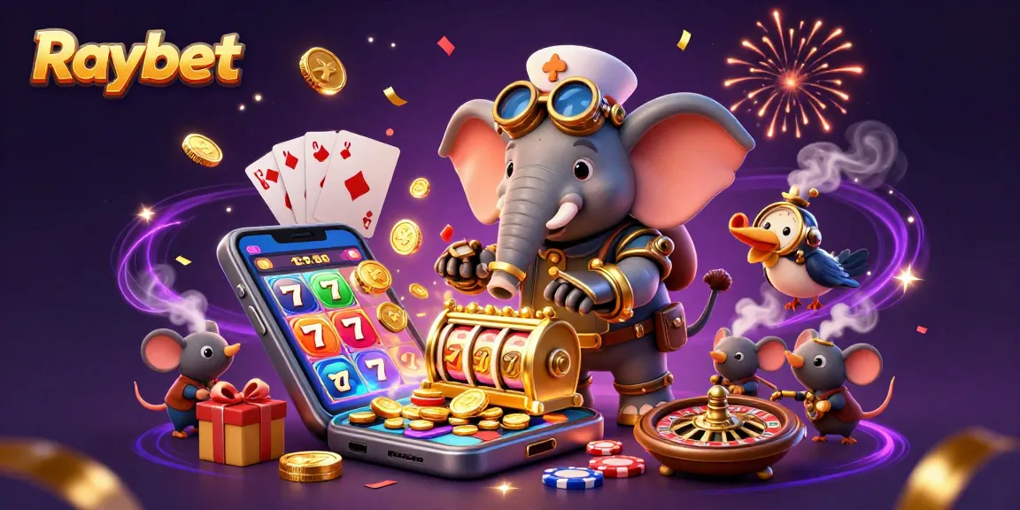 Raybet features an engaging 3D scene of an elephant engineer operating a vibrant slot machine, showcasing dynamic gaming action.