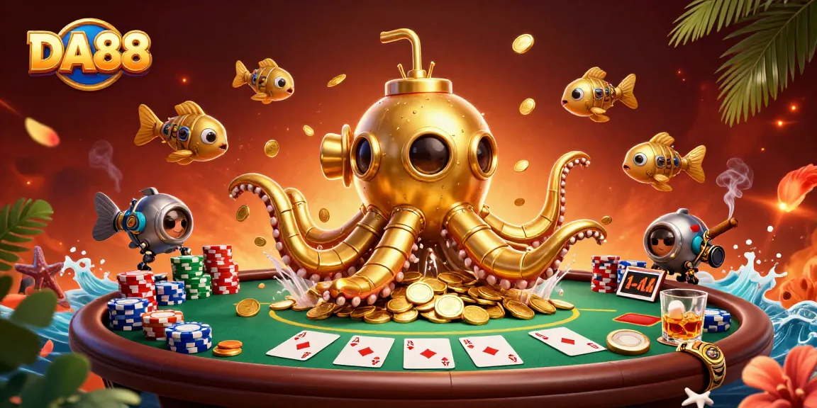 Engage in thrilling battles at DA88 casino with a golden kraken submarine amidst poker chaos.