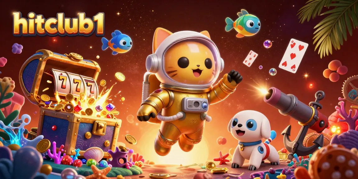 Hitclub1 showcases a vibrant online casino experience with a fun astronaut cat and treasure-filled slots.