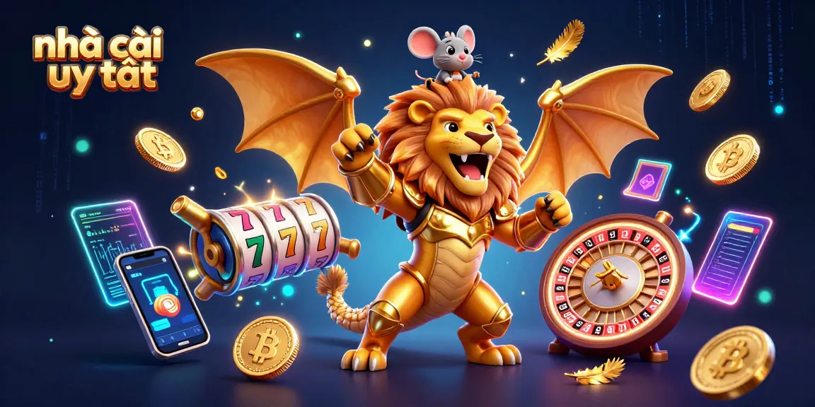 The illustration showcases a triumphant chimera creature representing a nhà cái uy tín, surrounded by dynamic casino elements like slot reels and neon crypto coins.