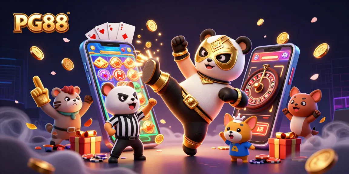 PG88 casino offers exciting games as a panda and chihuahua entertain in a vibrant gambling scene