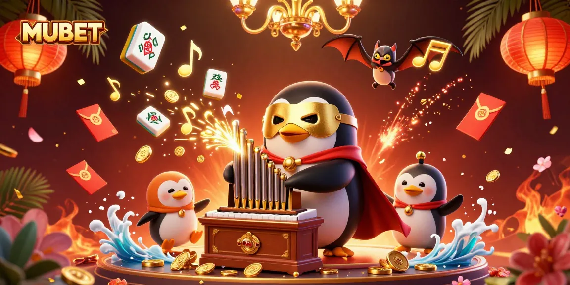 MUBET offers an engaging online casino experience with a whimsical penguin playing music while gold coins rain from the organ.