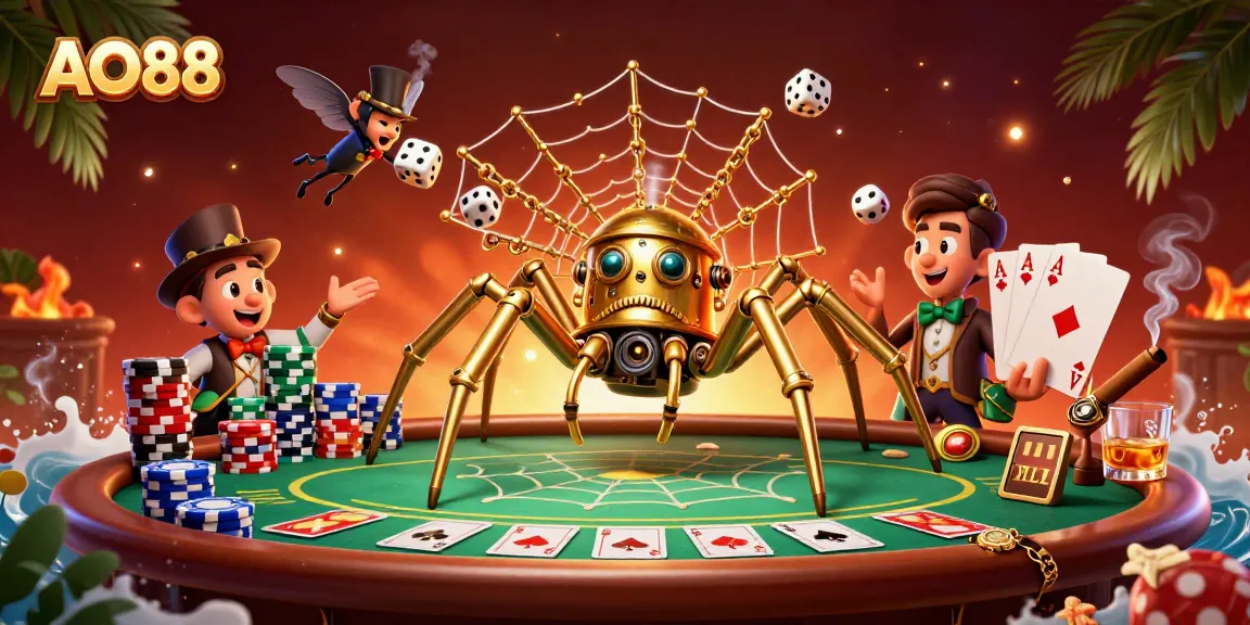 Engage with AO88 in this vibrant 3D casino scene featuring a golden spider and playful elements.