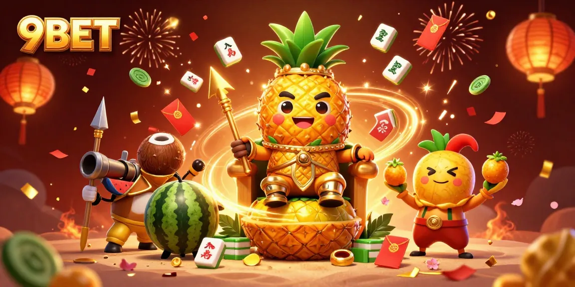 Experience vibrant gaming action with 9BET featuring a golden pineapple king and lively casino elements.