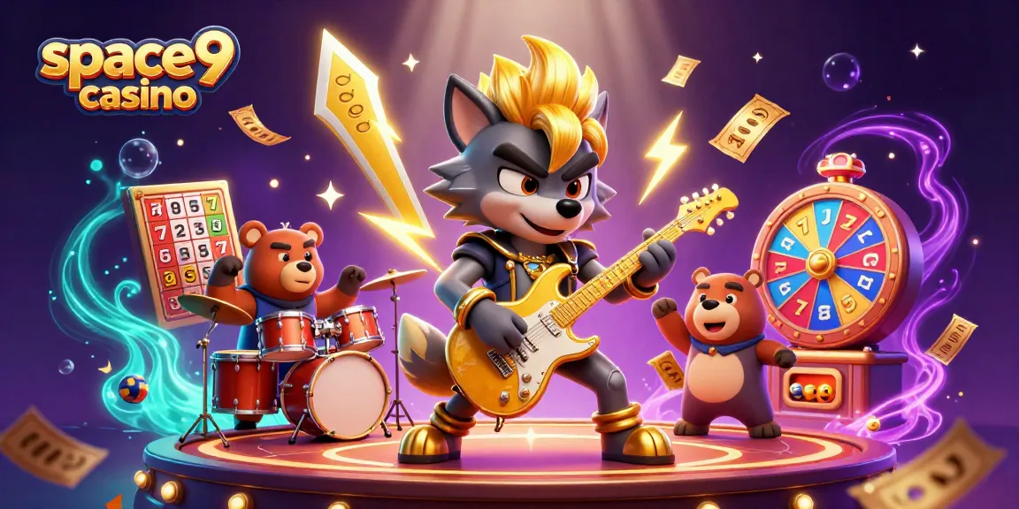 Join the excitement at space9 casino with a vibrant 3D scene featuring animated characters and casino elements.