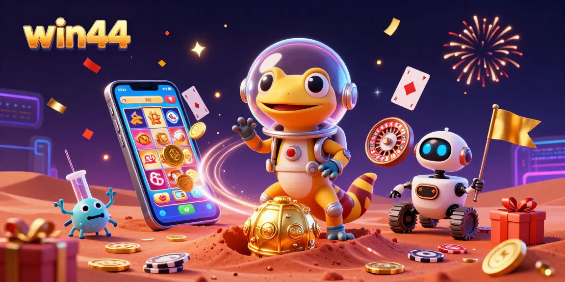 Join win44's Martian gecko in a cosmic casino adventure filled with excitement and bonuses!