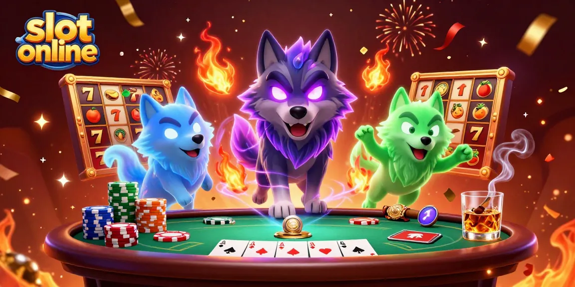 Raih kemenangan besar di slot online dengan simbol jackpot dan gulungan slot penuh warna.