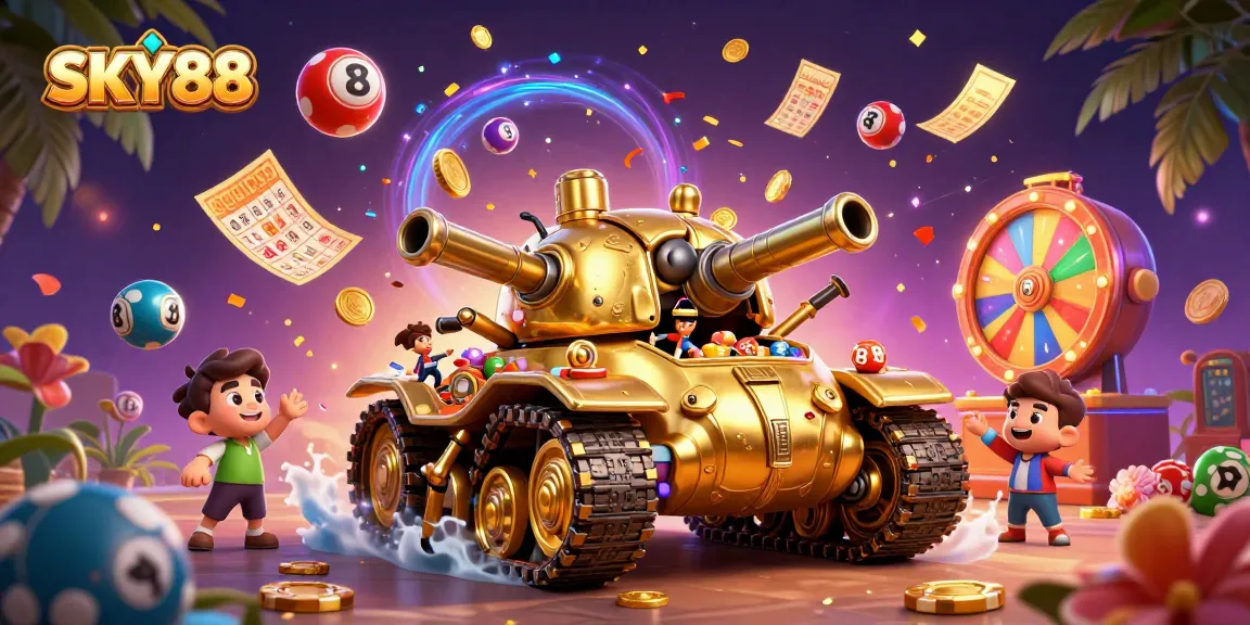 Engage with SKY88's vibrant casino theme, featuring a playful golden beetle tank amidst lottery balls and colorful gaming elements