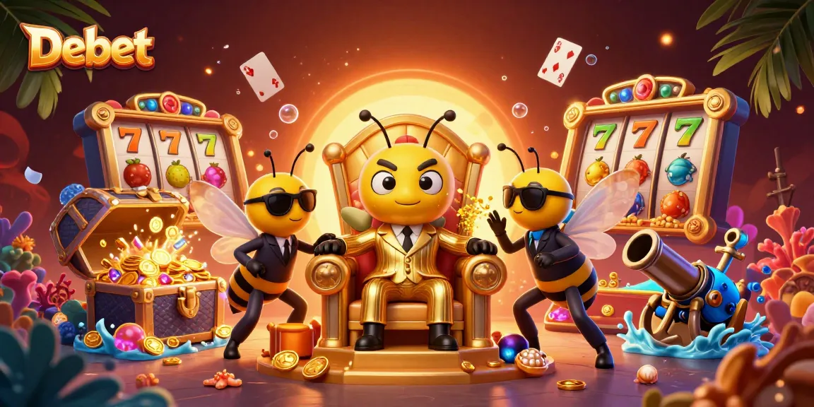 Experience the vibrant casino scene with Debet's colorful slot reels and dynamic 3D character interactions.