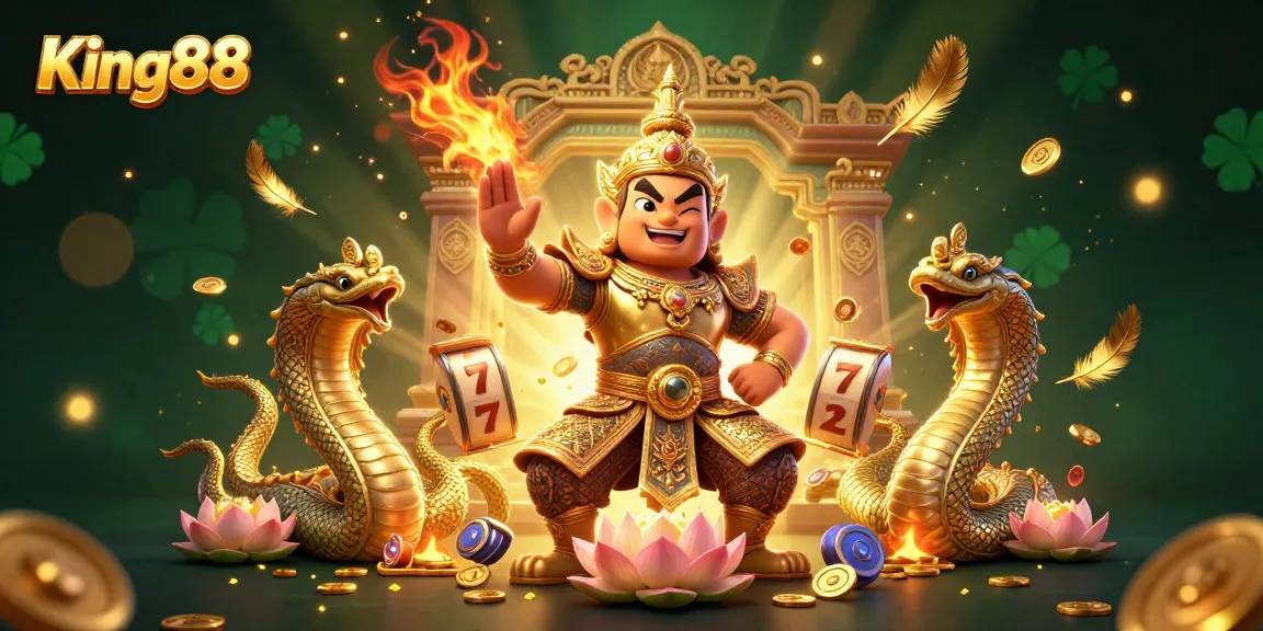 Experience King88's immersive gameplay with vibrant slot reels and 3D guardian characters.