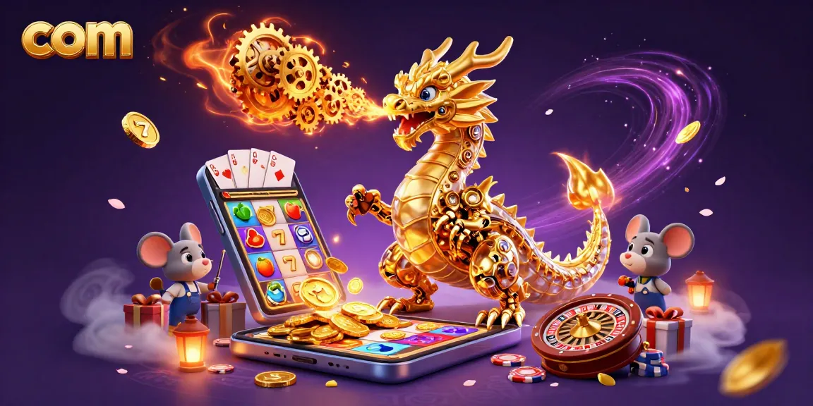 Experience vibrant games at com featuring a golden dragon, slot symbols, and dynamic casino elements.