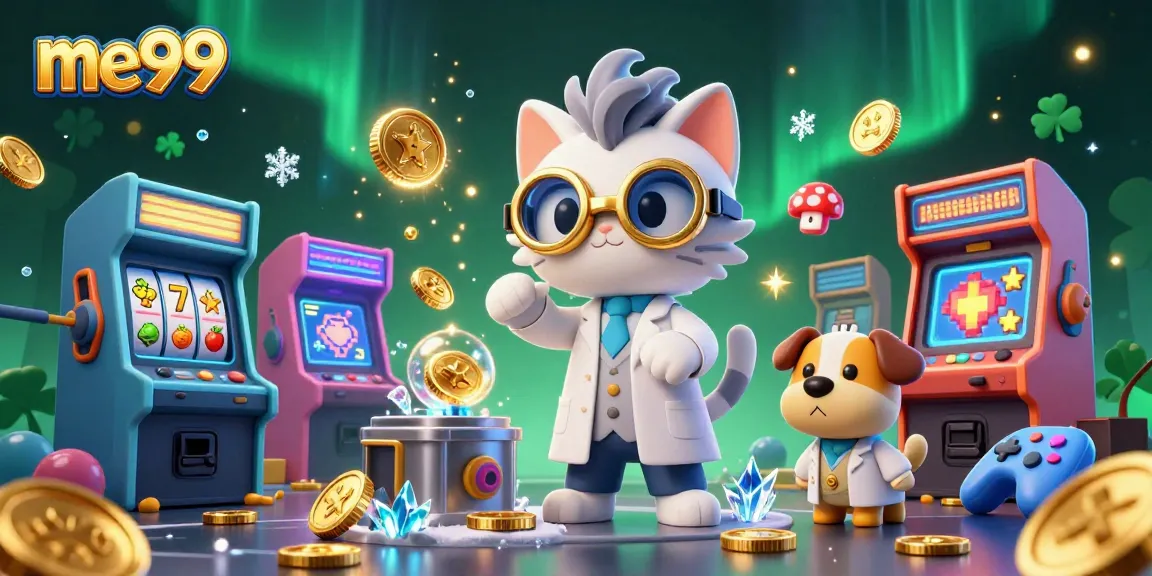 Experience me99’s exciting gameplay with vibrant 3D characters, arcade machines, and casino elements.