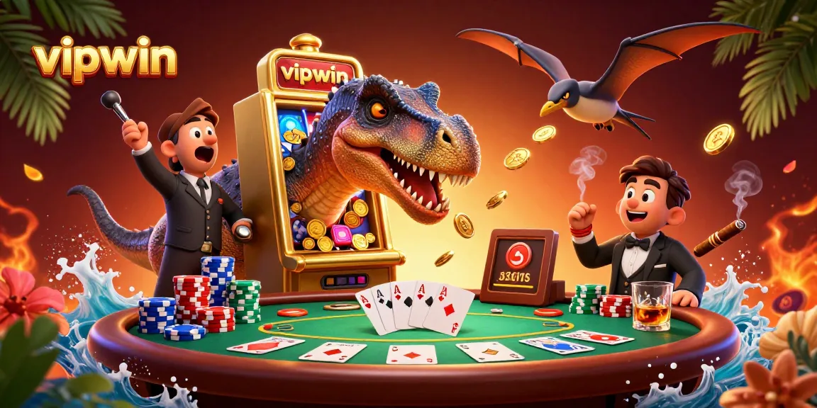 Experience exciting wins at vipwin with a cartoon dinosaur triggering a jackpot, amidst dynamic casino elements.