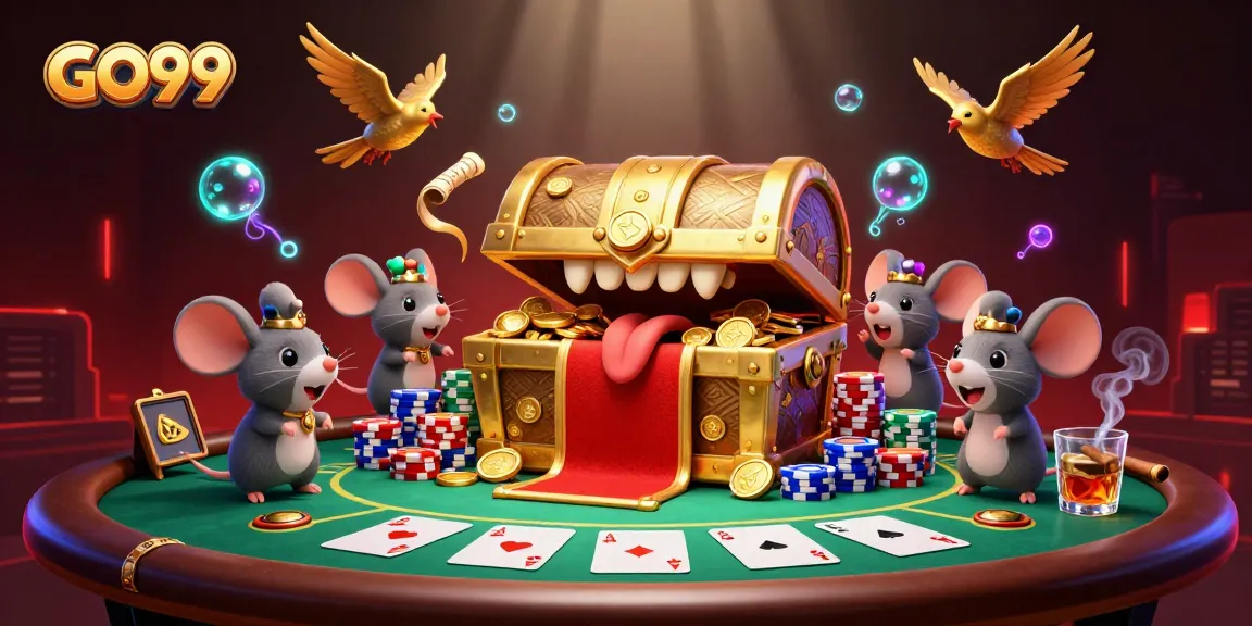 Engage with GO99's vibrant casino scene filled with cartoon treasure chest and poker elements.