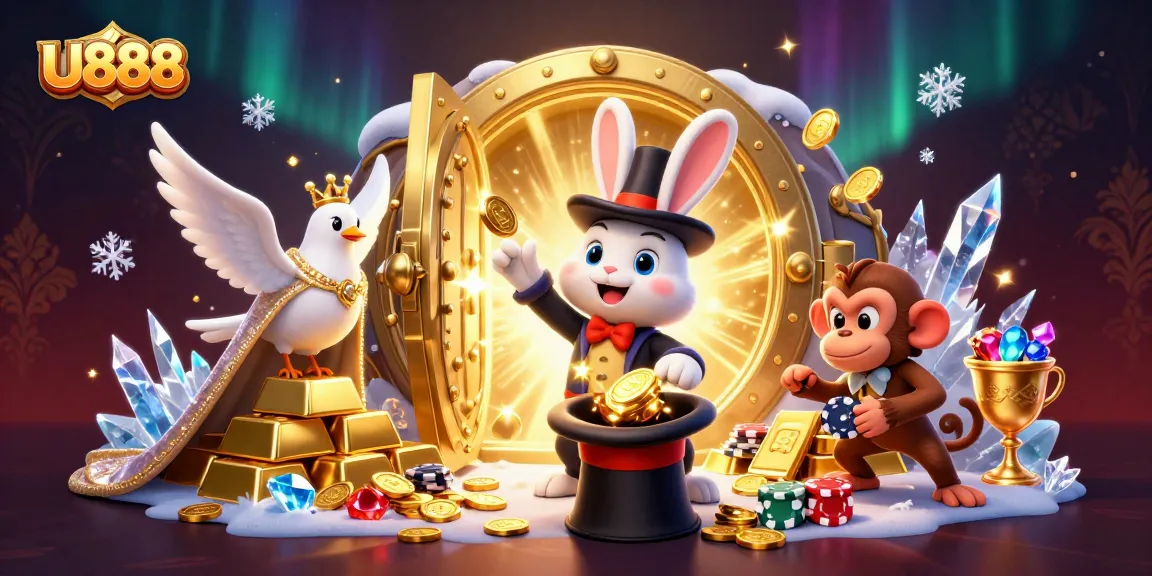 U888 brings excitement to your gaming with a 3D scene featuring a magician rabbit and a monkey pickpocketing poker chips.