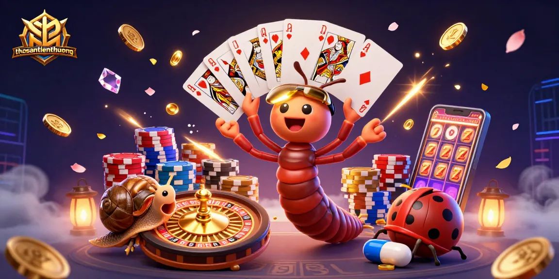 Experience the thrill of thosantienthuong as a cartoon millipede dealer spins cards and treasures in a vibrant casino scene.