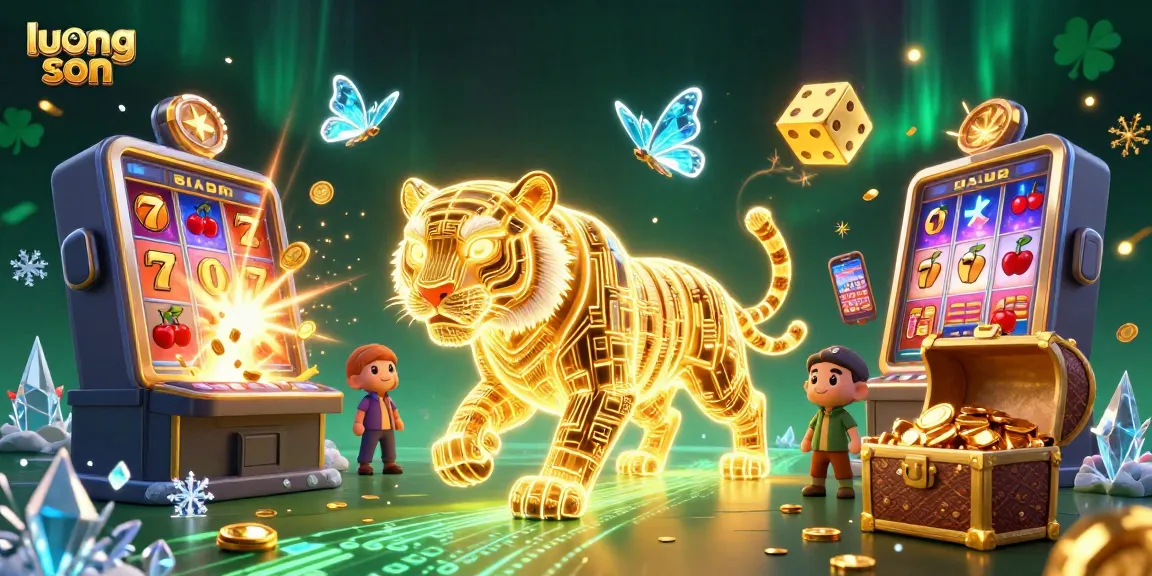 Experience the thrill of gambling at luong son with a dynamic 3D casino illustration showcasing vibrant slot machines and energetic characters.