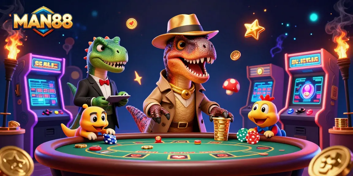 Experience the thrill of MAN88 with a cartoon velociraptor card counter at a blackjack table.