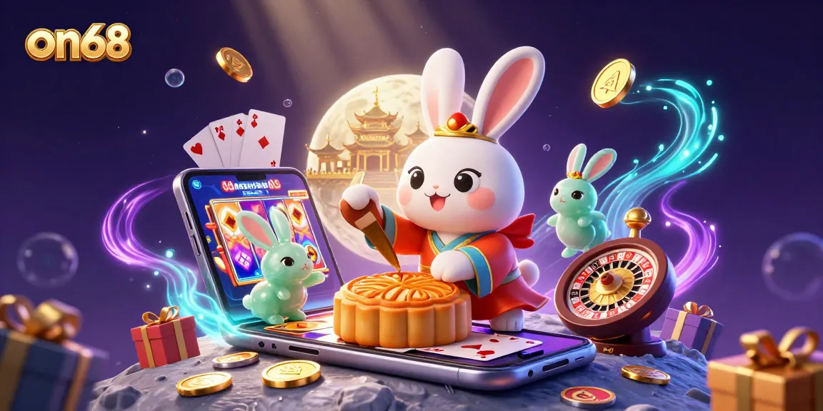 Experience the excitement of on68 with animated features like poker chips and golden mooncakes on a vibrant lunar scene.