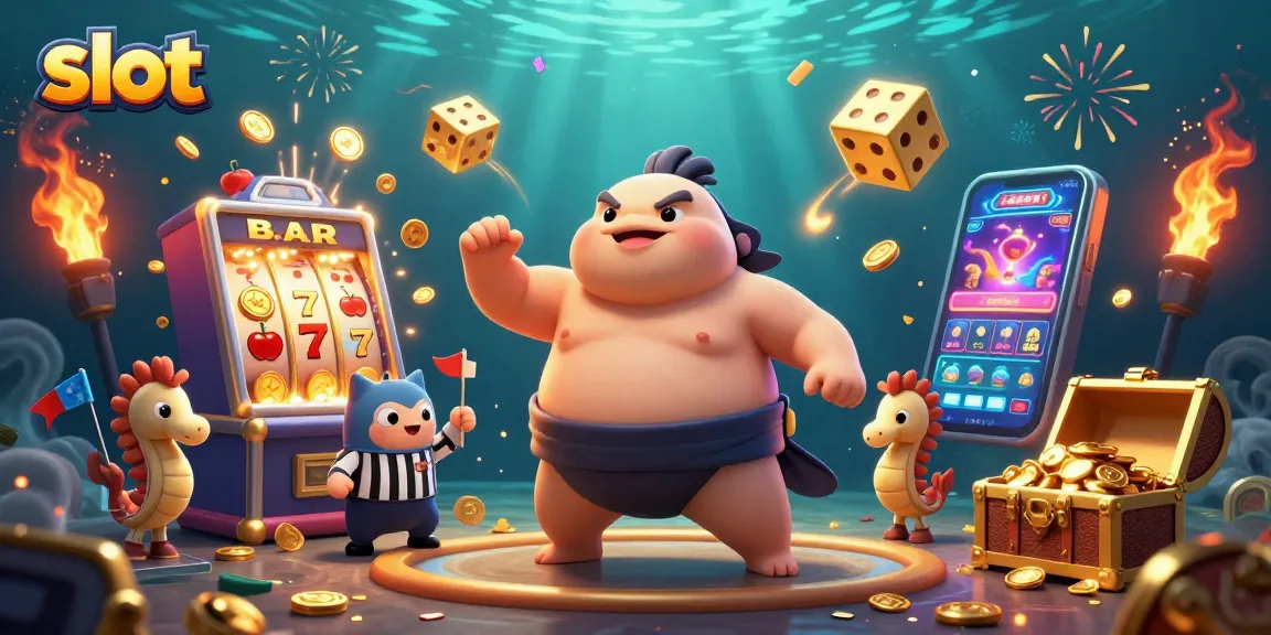Menyaksikan slot jackpot yang memukau dengan koin berhamburan dan karakter lucu di bawah laut.