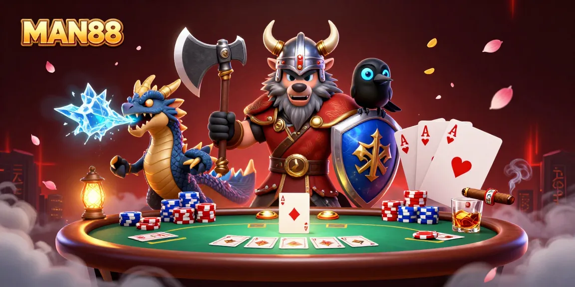 Experience thrilling action at MAN88 with Viking warrior and fierce dragon at a poker table.