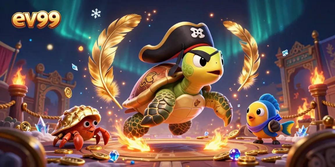 Win big at ev99 with a vibrant illustration of a pirate turtle and friends celebrating treasure and games.