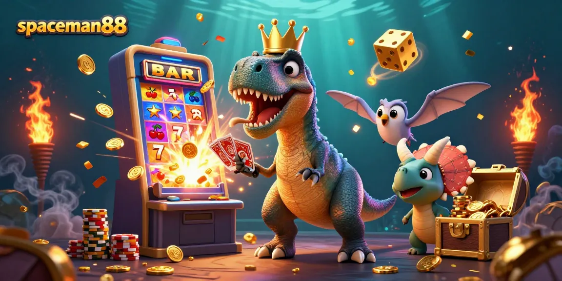 Experience the excitement of spaceman88 with a colorful casino scene featuring dinosaurs and jackpots!