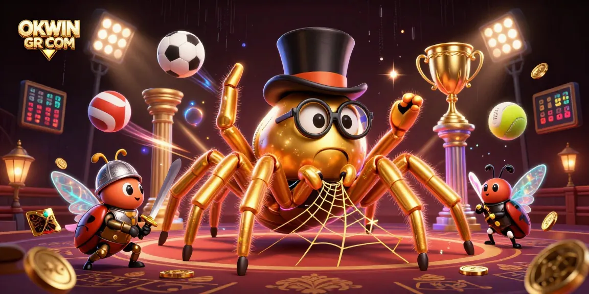Engage in thrilling gameplay at OKWIN GR COM featuring a golden tarantula and dynamic sports elements.