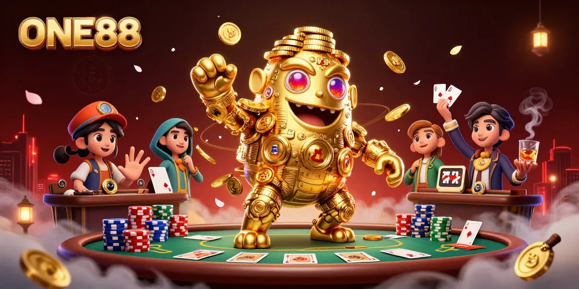 Experience thrilling gameplay at ONE88 with a dazzling golden golem surrounded by poker elements.