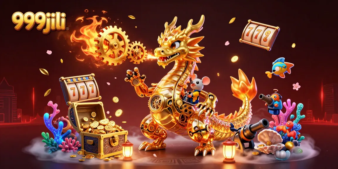 Engage with 999jili's vibrant golden dragon and thrilling slot games in a dynamic 3D casino scene.