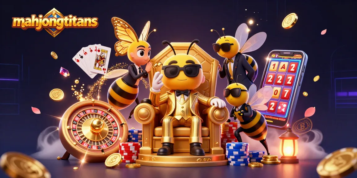 Engage with mahjongtitans in an exciting online casino scene filled with vibrant illustrations, golden coins, and gaming elements.