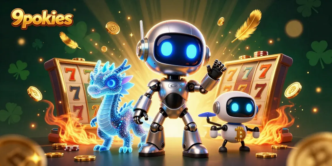 Engage with 9pokies slots, as a cyberpunk robot and dragon assist in this vibrant casino scene.
