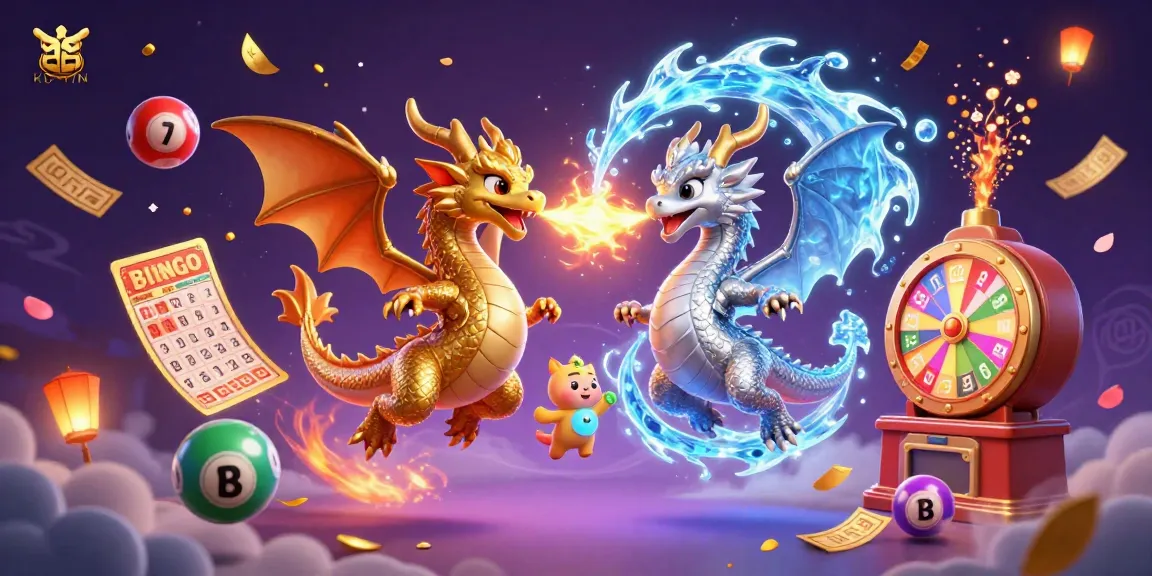 Capture the excitement of KUWIN with vibrant lottery elements and mystical dragons in a casino-themed illustration.