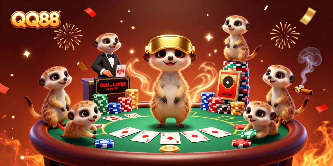 Experience thrilling gameplay at QQ88 with a dynamic meerkat casino scene capturing action and excitement.