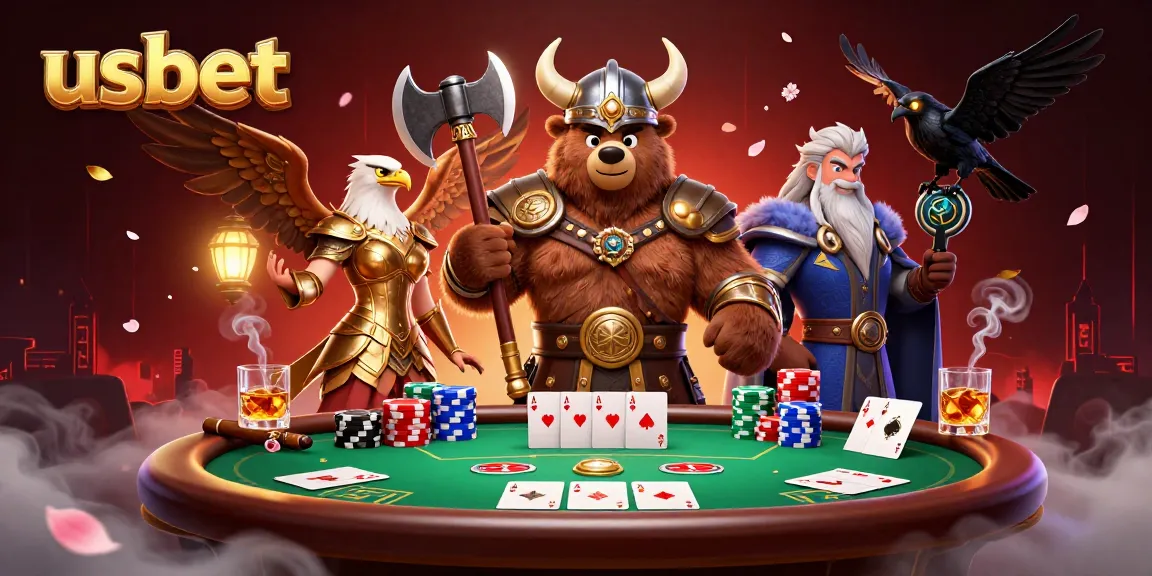 Play poker with usbet, featuring a Viking bear and Valkyrie in a dynamic casino scene.