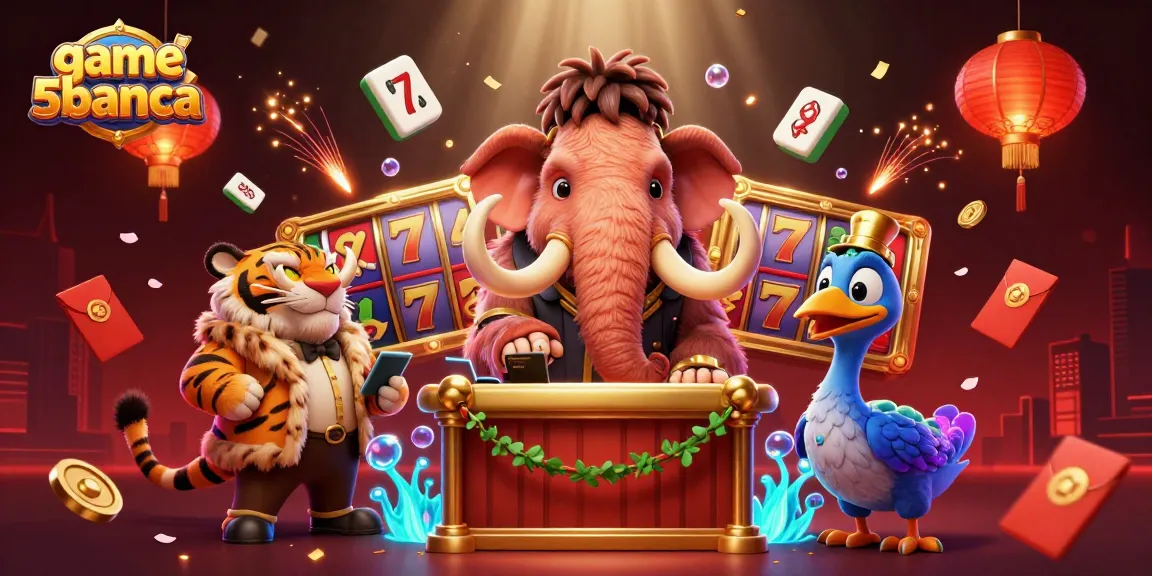 Play exciting games at game5banca with our vibrant illustration showcasing a mammoth bouncer and casino elements.