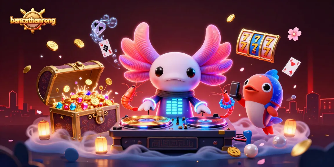 Experience bancathanrong action with a vibrant 3D scene featuring axolotl DJ amidst gold coins and slot game elements.